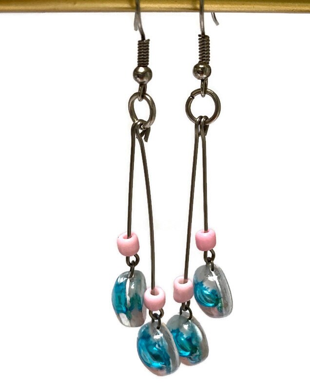 White, pink and turquoise Long multiple bead earrings