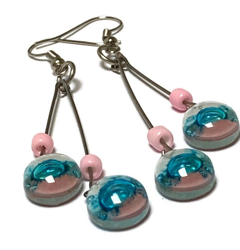 White, pink and turquoise Long multiple bead earrings