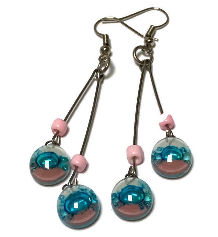 White, pink and turquoise Long multiple bead earrings