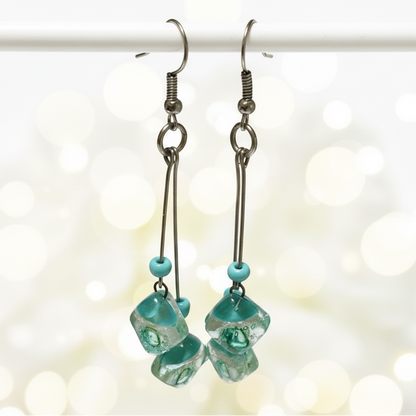 Teal, Pearl white and green Long multiple bead earrings