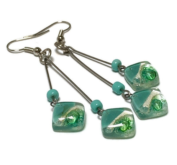 Teal, Pearl white and green Long multiple bead earrings