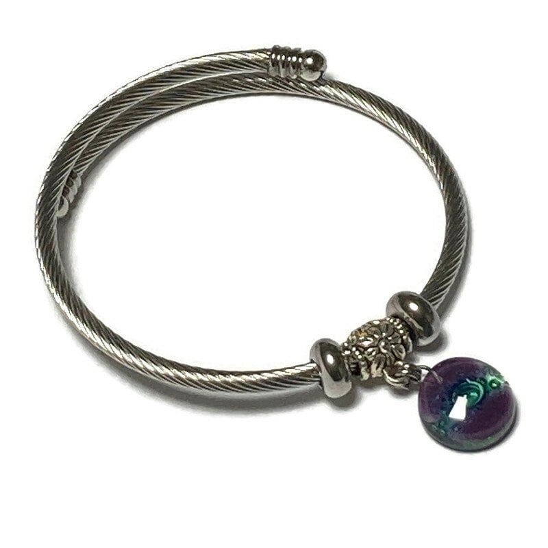 Purple and green Stainless Steel Bracelet Glass Charm Bead. Easy to put on adjustable stretch memory wire. One size fits most