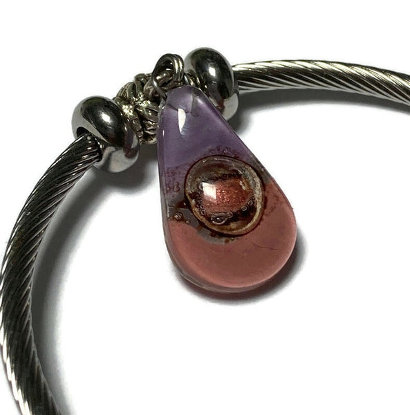 Pink, Copper and Brown  Stainless Steel Bracelet Glass Charm Bead. Easy to put on adjustable stretch memory wire. One size fits most