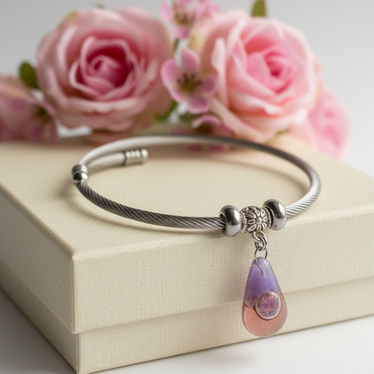 Pink, Copper and Brown  Stainless Steel Bracelet Glass Charm Bead. Easy to put on adjustable stretch memory wire. One size fits most