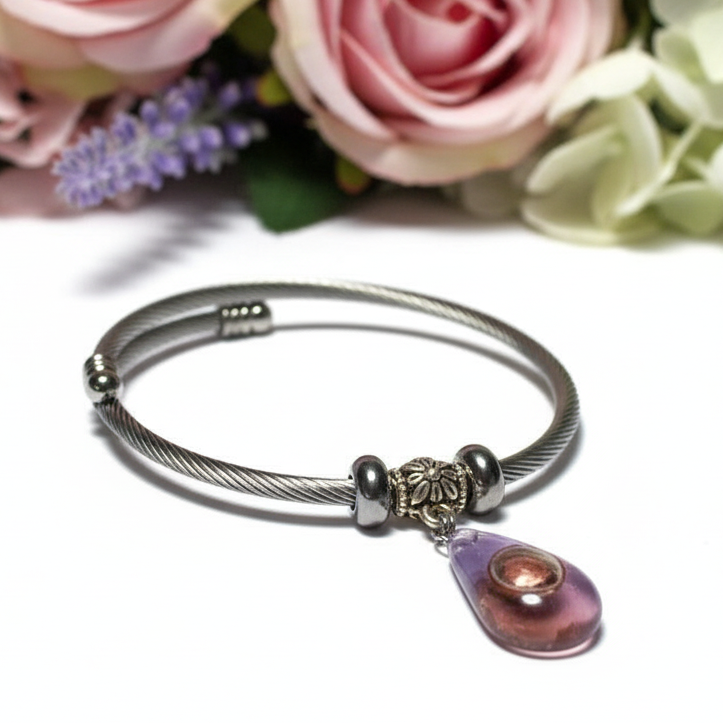 Pink, Copper and Brown  Stainless Steel Bracelet Glass Charm Bead. Easy to put on adjustable stretch memory wire. One size fits most