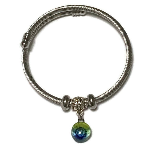 Green and blue Stainless Steel Bracelet Glass Charm Bead. Easy to put on adjustable stretch memory wire. One size fits most. Elastic