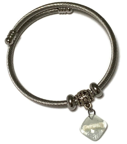 White Stainless Steel Bracelet Glass Charm Bead. Easy to put on adjustable stretch memory wire. One size fits most