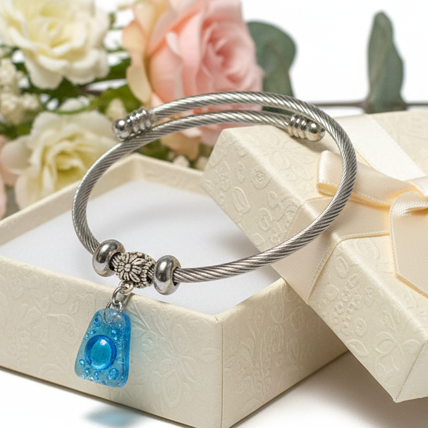 Turquoise with bubbles Stainless Steel Bracelet Glass Charm Bead. Easy to put on adjustable stretch memory wire. One size fits most