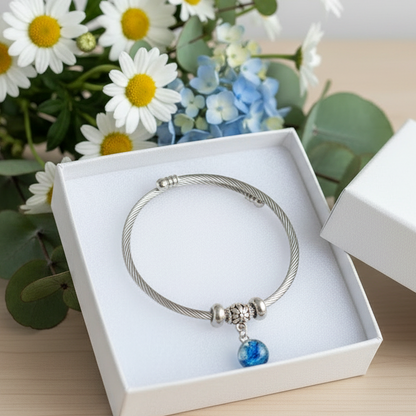 Dark Blue, Green and White Stainless Steel Bracelet Glass Charm Bead. Easy to put on adjustable stretch memory wire. One size fits most