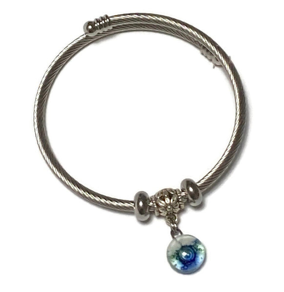 Dark Blue, Green and White Stainless Steel Bracelet Glass Charm Bead. Easy to put on adjustable stretch memory wire. One size fits most