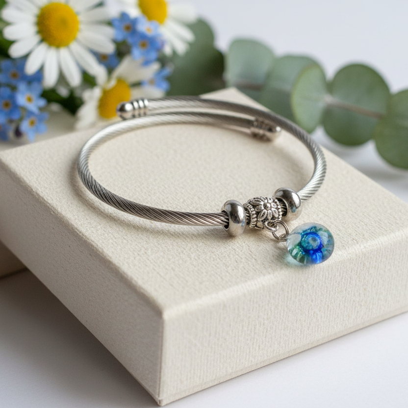Dark Blue, Green and White Stainless Steel Bracelet Glass Charm Bead. Easy to put on adjustable stretch memory wire. One size fits most