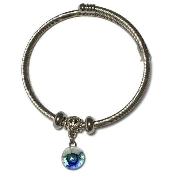 Dark Blue, Green and White Stainless Steel Bracelet Glass Charm Bead. Easy to put on adjustable stretch memory wire. One size fits most