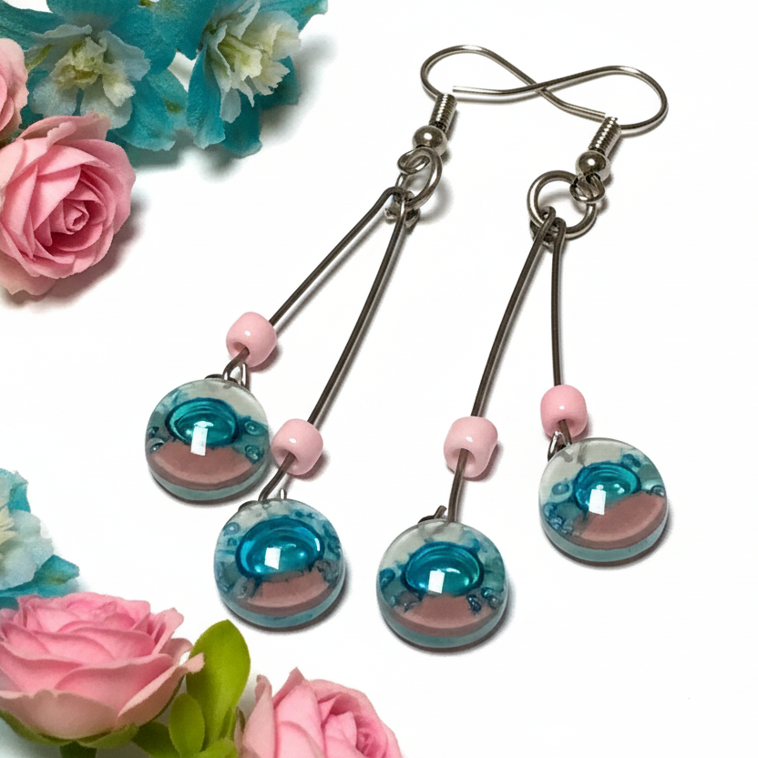 White, pink and turquoise Long multiple bead earrings