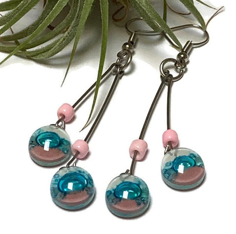 White, pink and turquoise Long multiple bead earrings