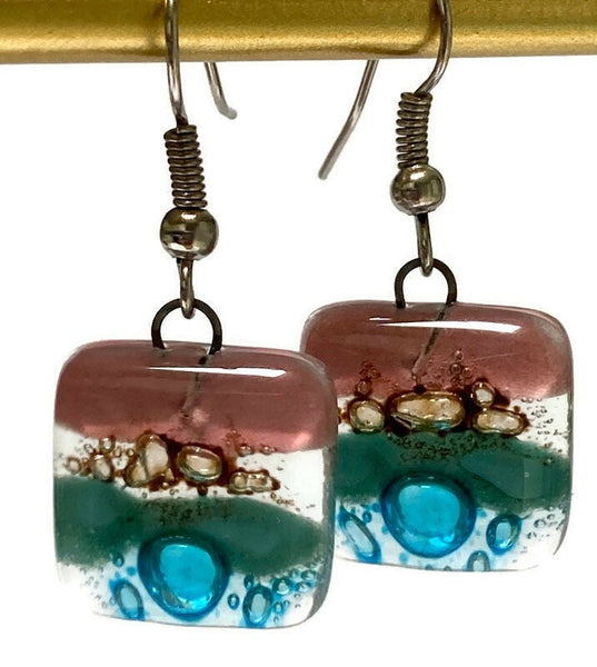 Pink, Turquoise, Brown and soft Teal and turquoise Square fused glass dangle earrings. Handmade recycled Glass beads. Drop Earrings