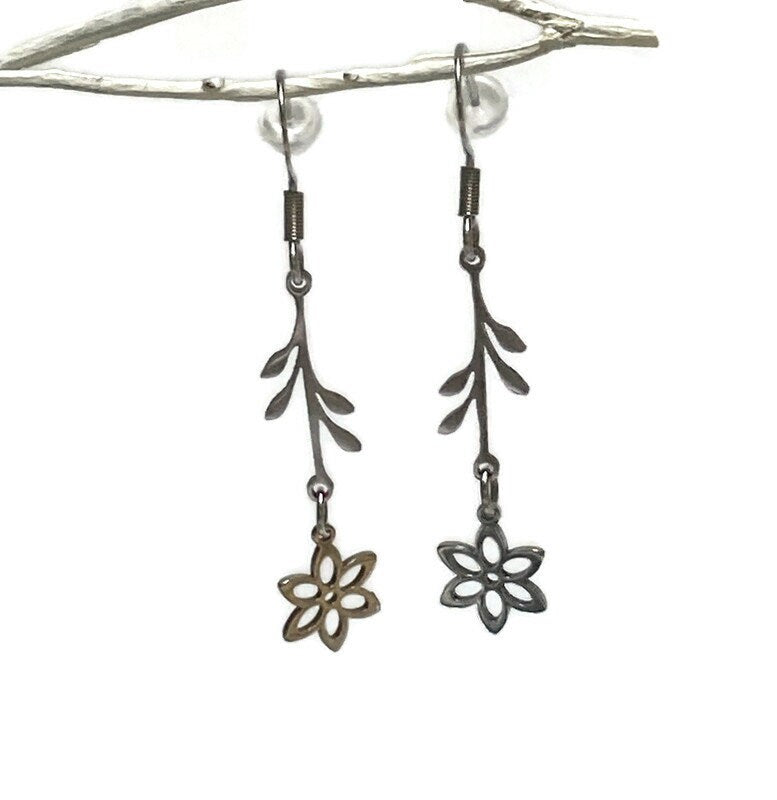 Minimalist nature inspired flower Stainless steel Dangle Earrings