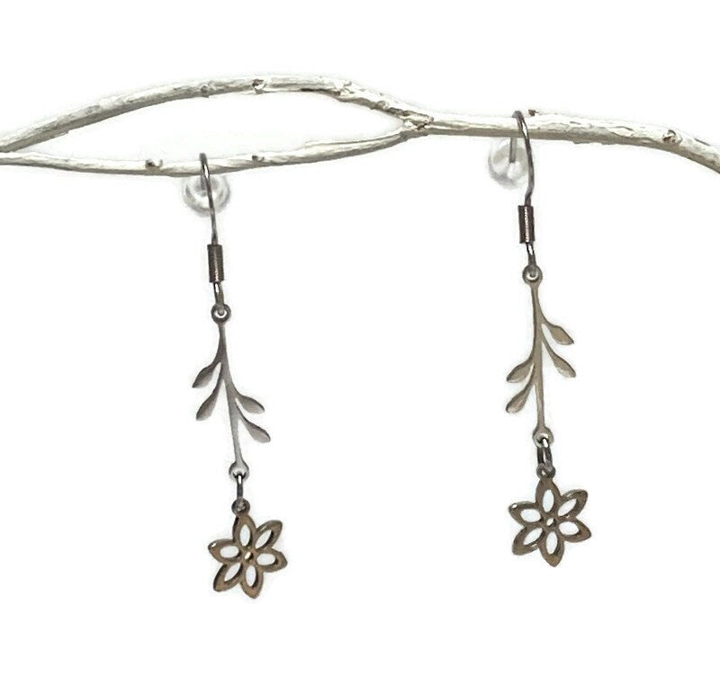 Minimalist nature inspired flower Stainless steel Dangle Earrings