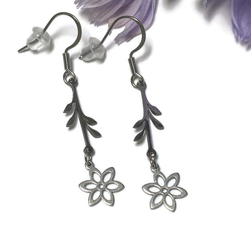 Minimalist nature inspired flower Stainless steel Dangle Earrings