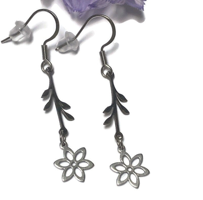 Minimalist nature inspired flower Stainless steel Dangle Earrings