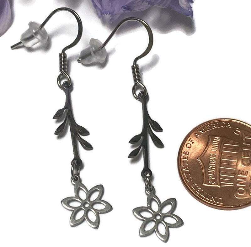 Minimalist nature inspired flower Stainless steel Dangle Earrings