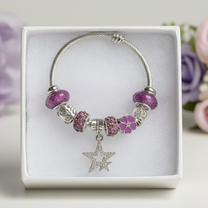 Purple Stainless Expandable Easy to put on stretch memory wire Charm Bracelet. One size fits most