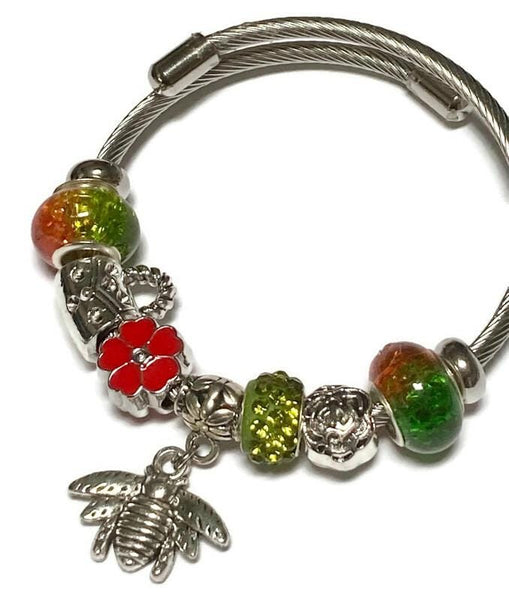 Green, Red and orange. Stainless Expandable Easy to put on stretch memory wire Charm Bracelet. One size fits most