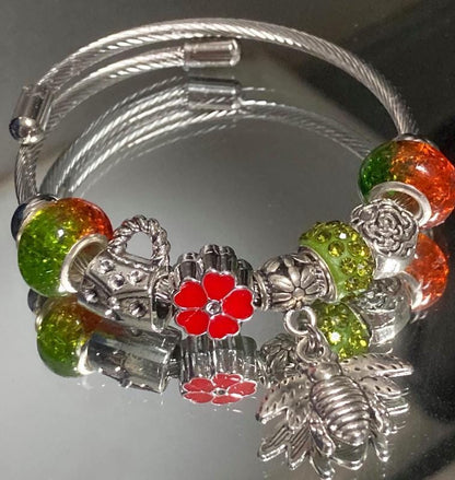 Green, Red and orange. Stainless Expandable Easy to put on stretch memory wire Charm Bracelet. One size fits most