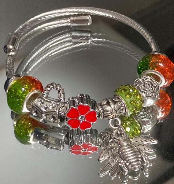 Green, Red and orange. Stainless Expandable Easy to put on stretch memory wire Charm Bracelet. One size fits most