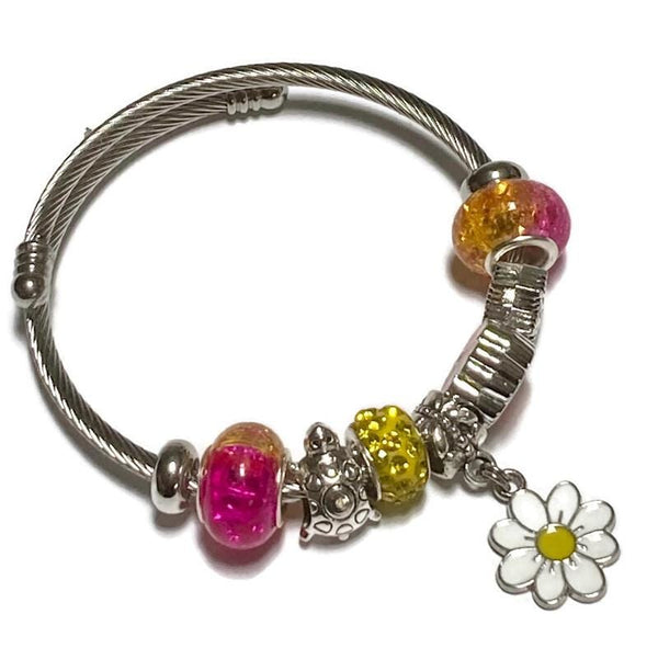 Fuchsia and yellow. Stainless Expandable Easy to put on stretch memory wire Charm Bracelet. One size fits most