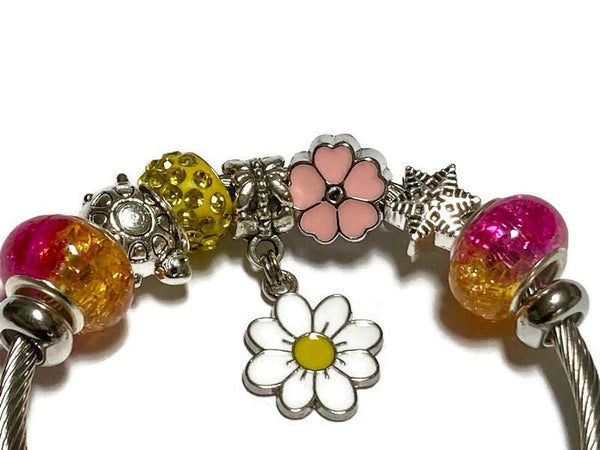 Fuchsia and yellow. Stainless Expandable Easy to put on stretch memory wire Charm Bracelet. One size fits most