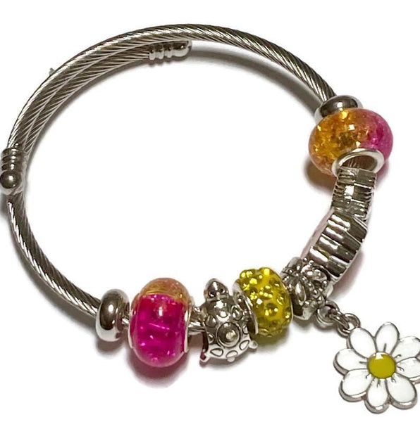 Fuchsia and yellow. Stainless Expandable Easy to put on stretch memory wire Charm Bracelet. One size fits most