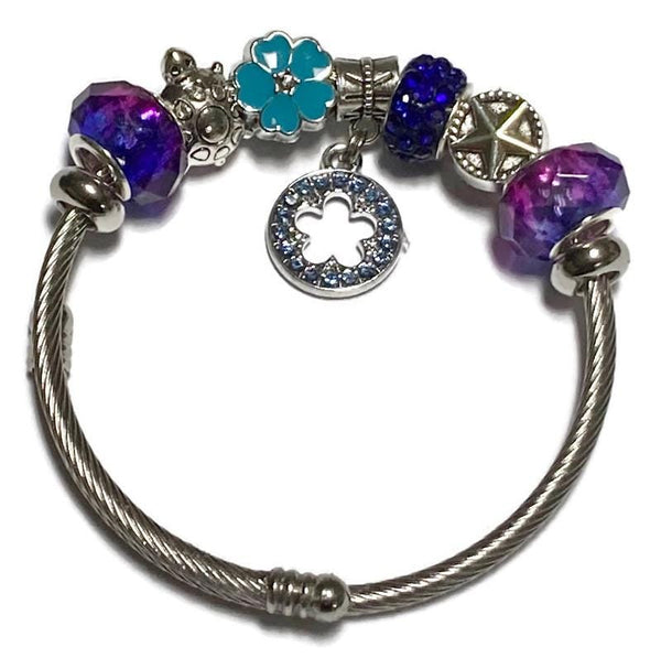 Blue, Purple. Stainless Expandable Easy to put on stretch memory wire Charm Bracelet. One size fits most