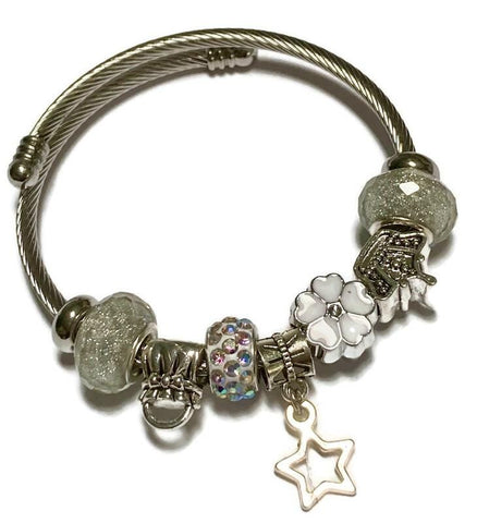 White and glitter silver Stainless Expandable Easy to put on stretch memory wire Charm Bracelet. One size fits most