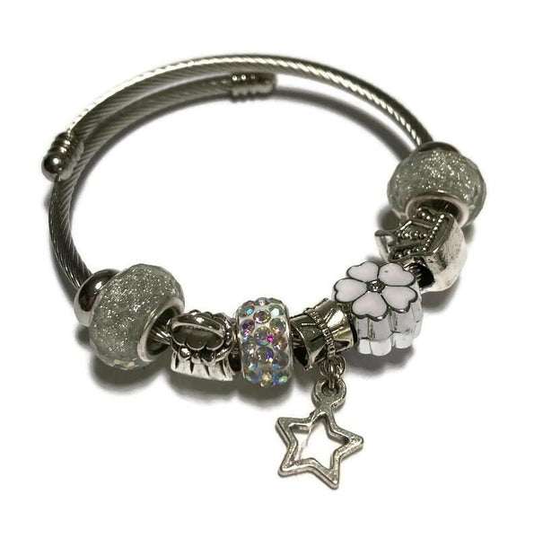 White and glitter silver Stainless Expandable Easy to put on stretch memory wire Charm Bracelet. One size fits most