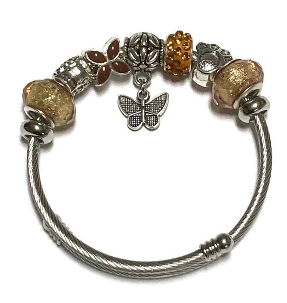 Golden brown, Stainless Expandable Easy to put on stretch memory wire Charm Bracelet. One size fits most