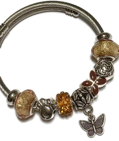 Golden brown, Stainless Expandable Easy to put on stretch memory wire Charm Bracelet. One size fits most