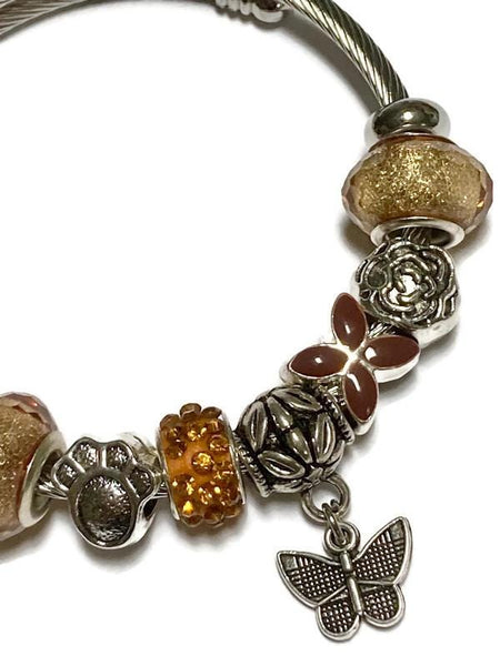 Golden brown, Stainless Expandable Easy to put on stretch memory wire Charm Bracelet. One size fits most