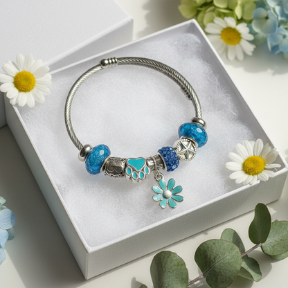 BLUE Stainless Expandable Easy to put on stretch memory wire Charm Bracelet. One size fits most