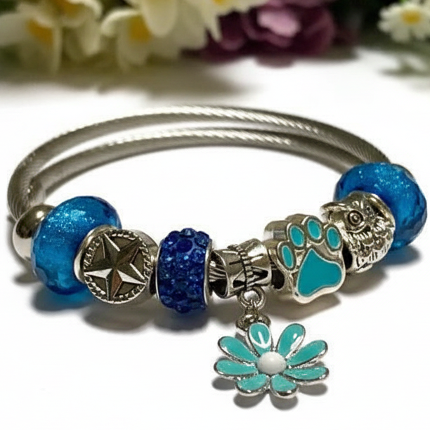 BLUE Stainless Expandable Easy to put on stretch memory wire Charm Bracelet. One size fits most