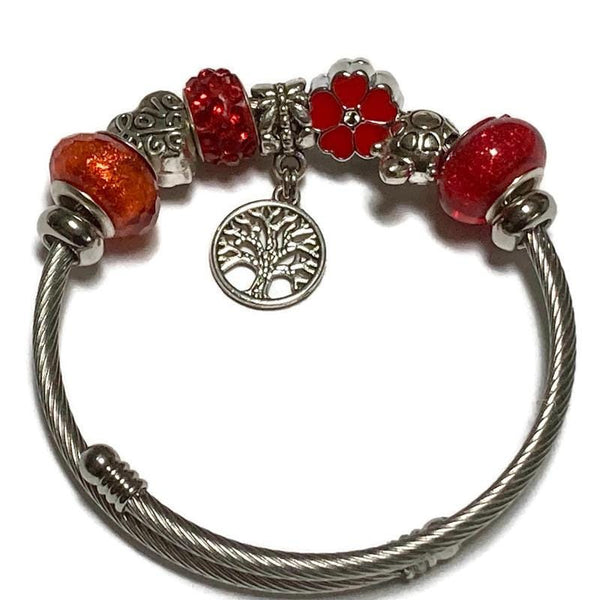 RED Stainless Expandable Easy to put on stretch memory wire Charm Bracelet. One size fits most