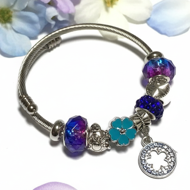 Blue, Purple. Stainless Expandable Easy to put on stretch memory wire Charm Bracelet. One size fits most