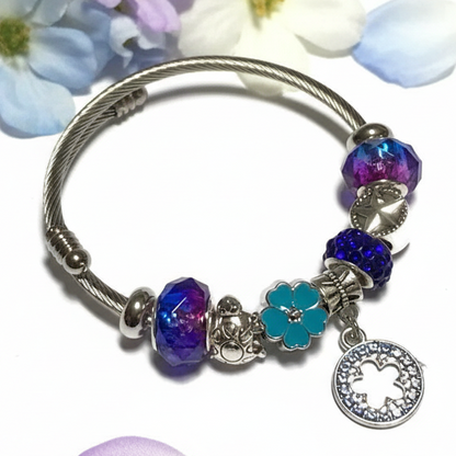 Blue, Purple. Stainless Expandable Easy to put on stretch memory wire Charm Bracelet. One size fits most