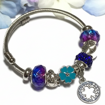 Blue, Purple. Stainless Expandable Easy to put on stretch memory wire Charm Bracelet. One size fits most