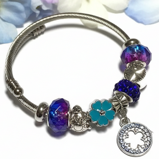 Blue, Purple. Stainless Expandable Easy to put on stretch memory wire Charm Bracelet. One size fits most