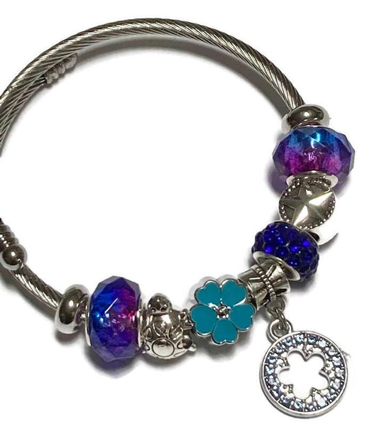 Blue, Purple. Stainless Expandable Easy to put on stretch memory wire Charm Bracelet. One size fits most