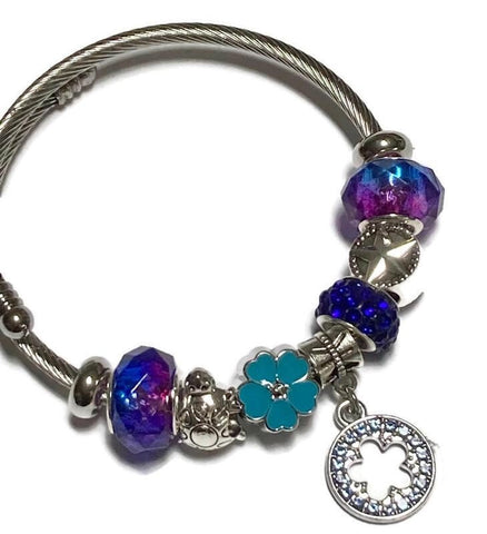 Blue, Purple. Stainless Expandable Easy to put on stretch memory wire Charm Bracelet. One size fits most