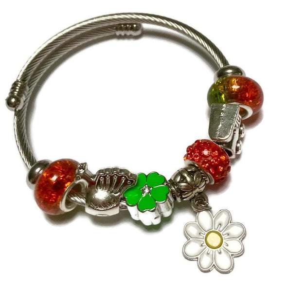 Orange and Green Stainless Expandable Easy to put on stretch memory wire Charm Bracelet. One size fits most