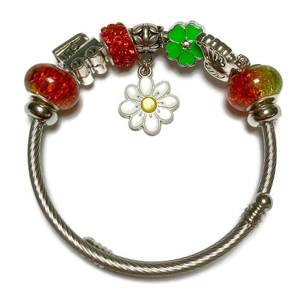 Orange and Green Stainless Expandable Easy to put on stretch memory wire Charm Bracelet. One size fits most