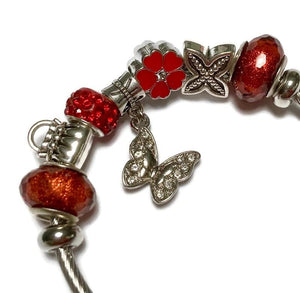 Red Butterfly Stainless Expandable Easy to put on stretch memory wire Charm Bracelet. One size fits most