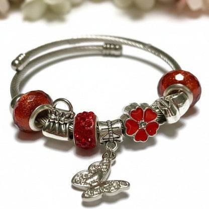 Red Butterfly Stainless Expandable Easy to put on stretch memory wire Charm Bracelet. One size fits most